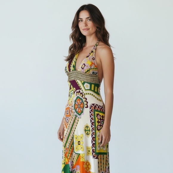 MARY L Couture Halter Dress - Multi Print Yellow Beaded Sz 4 Vintage Y2K Exotic - Picture 4 of 7